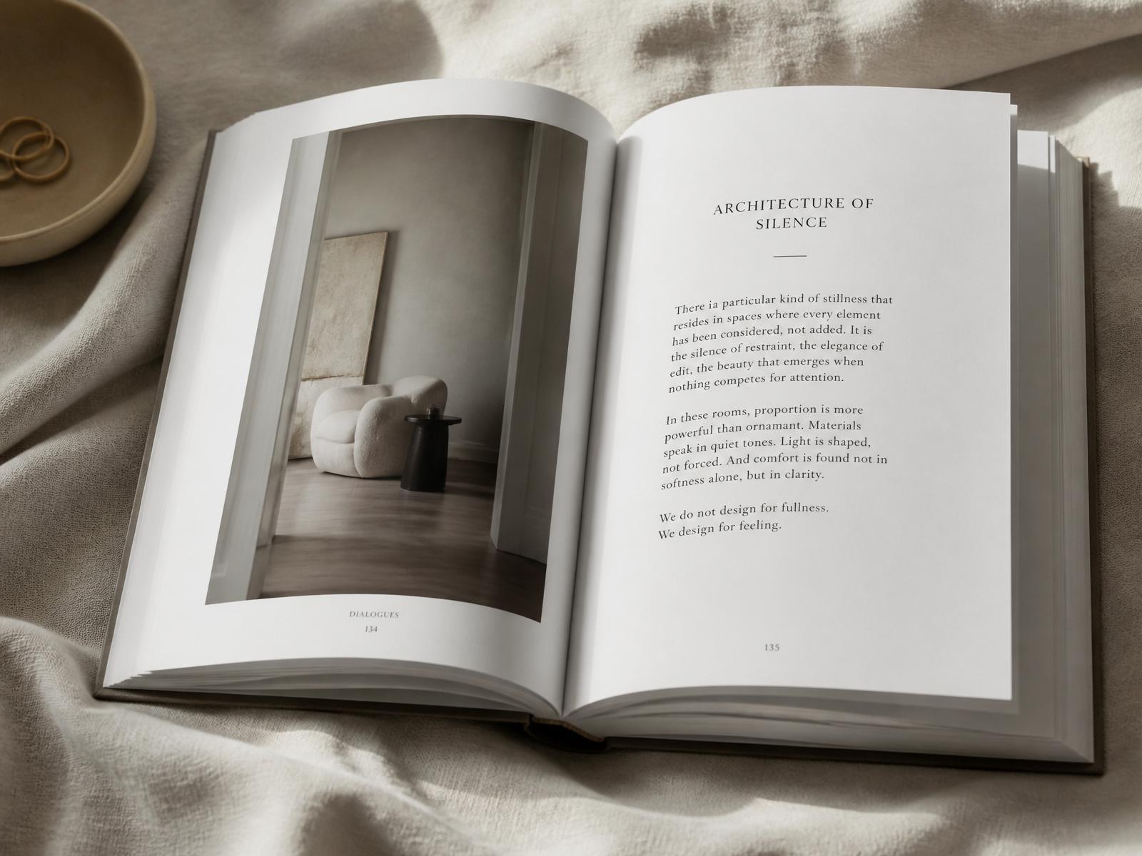Livre relié ouvert sur une nappe beige, lumière chaude